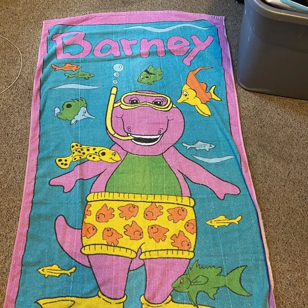 Vintage 1992 Barney Beach Towel 55”x28” Snorkeling Underwater Fishies Colorful